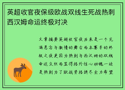 英超收官夜保级欧战双线生死战热刺西汉姆命运终极对决